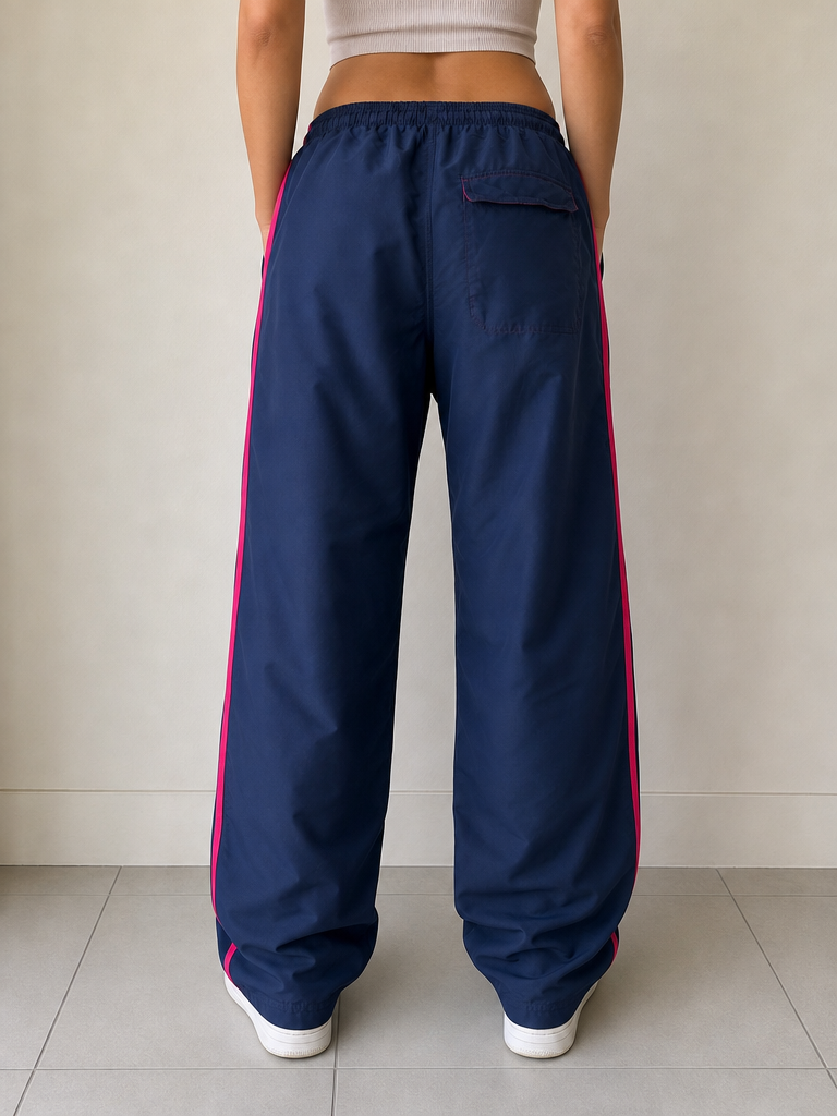 Lonsdale Pantaloni TrackPants Everlast Blu / Rosa Super Baggy Acetato Vintage Y2K Donna (S) - indossata retro