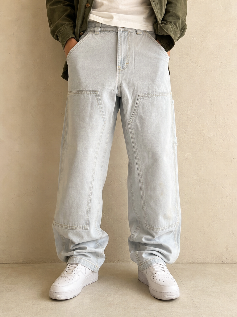 Denim Jeans Dickies Baggy Fit Light Blue con Macchie Vintage Y2K Uomo (XS) - indossata fronte