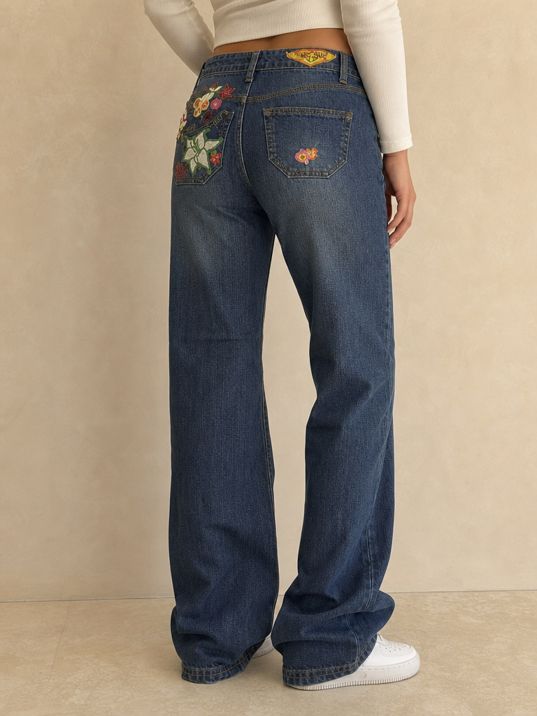 Denim Jeans Washed Embroidered Straight Fit Vintage Y2K Donna (S) - indossata retro
