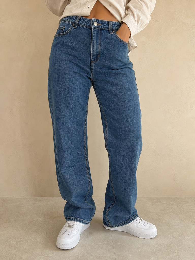 Denim Jeans Straight Fit Simple Blu Vintage Y2K Donna (M) - indossata fronte