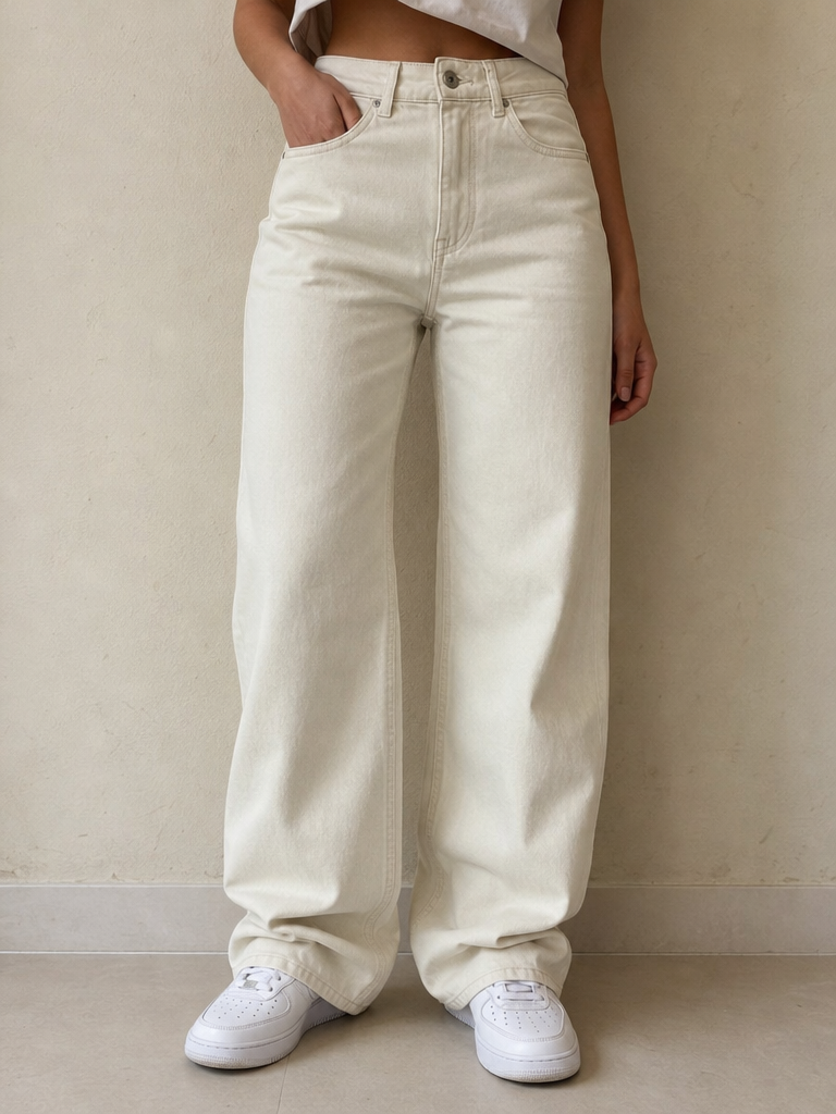 Jeans baggy donna avorio indossati - fronte