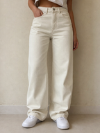 Jeans baggy donna avorio indossati - fronte