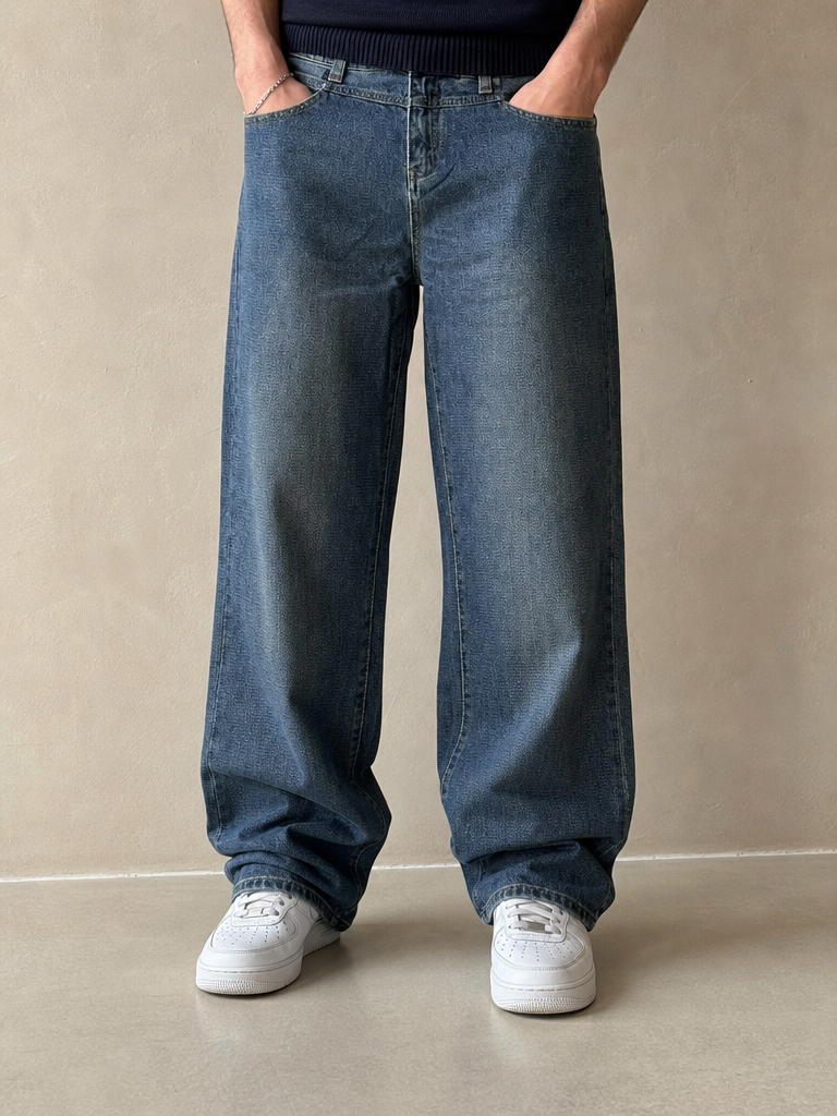 Denim Jeans Particular Washed Baggy Fit Vintage Y2K Uomo - indossata fronte