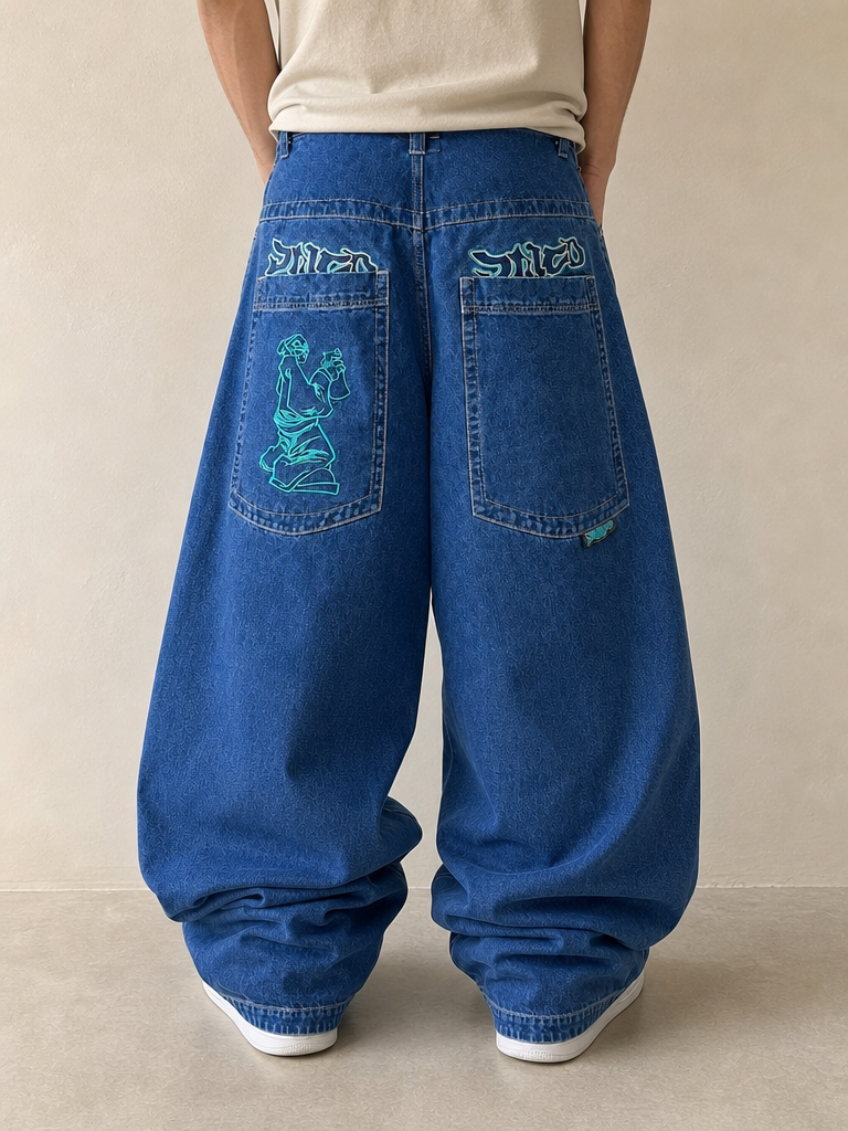 Denim JNCO Jeans Original Super Baggy Fit Embroidered American Hip-Hop Vintage Y2K Uomo (M) - indossata retro