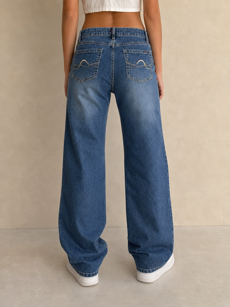 Denim Jeans BootCut Svasati Embroidered Blu Wash Vintage Y2K Donna (S) - indossata retro