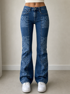 Denim Jeans Straight / Flared Fit Japan Style Printed Vintage Y2K Donna (XXS) - indossata fronte