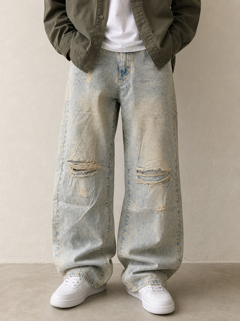 Jeans Baggy Oversize Acid Wash Giallo Blu Wide Leg Vintage Y2K Uomo - indossata fronte