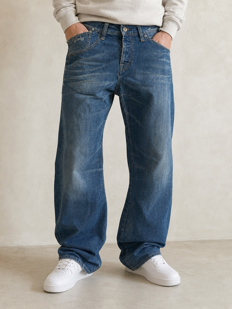 Denim Jeans G-Star Raw Blue Washed Baggy Fit Embroidered Vintage Y2K Uomo (L) - indossata fronte