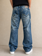 Enyce Jeans Denim Denim Energie Washed Marmorizzato Baggy Fit Flare Vintage Y2K Uomo (M) - indossata retro