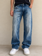 Enyce Jeans Denim Denim Energie Washed Marmorizzato Baggy Fit Flare Vintage Y2K Uomo (M) - indossata fronte