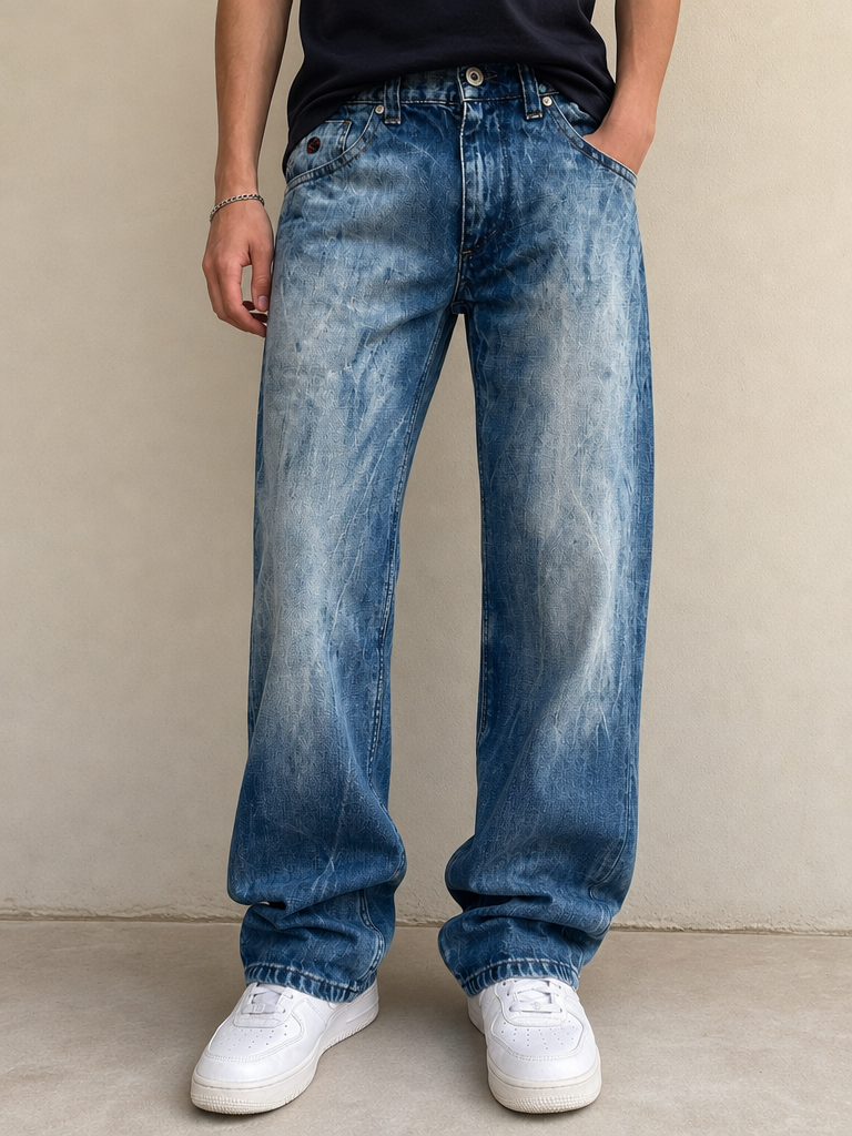 Enyce Jeans Denim Denim Energie Washed Marmorizzato Baggy Fit Flare Vintage Y2K Uomo (M) - indossata fronte