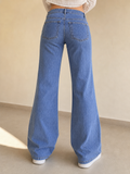 Jeans a gamba ampia blu denim floreali strass Vintage Y2K donna (XS) — foto posteriore indossata