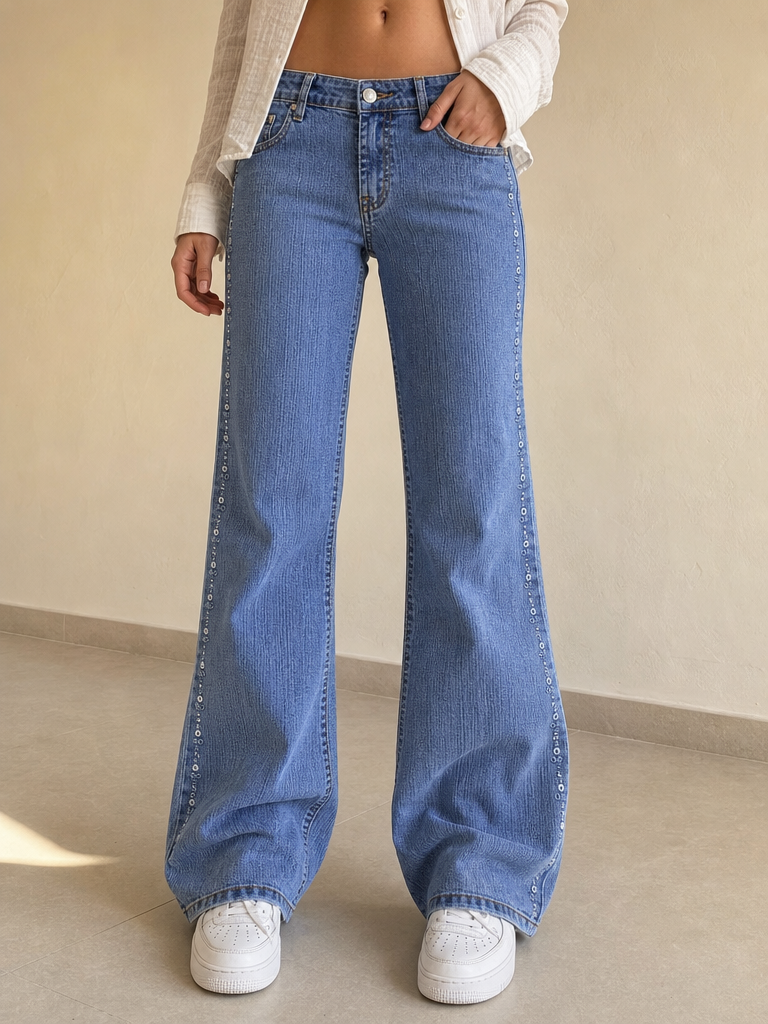 Jeans a gamba ampia blu denim floreali strass Vintage Y2K donna (XS) — foto frontale indossata