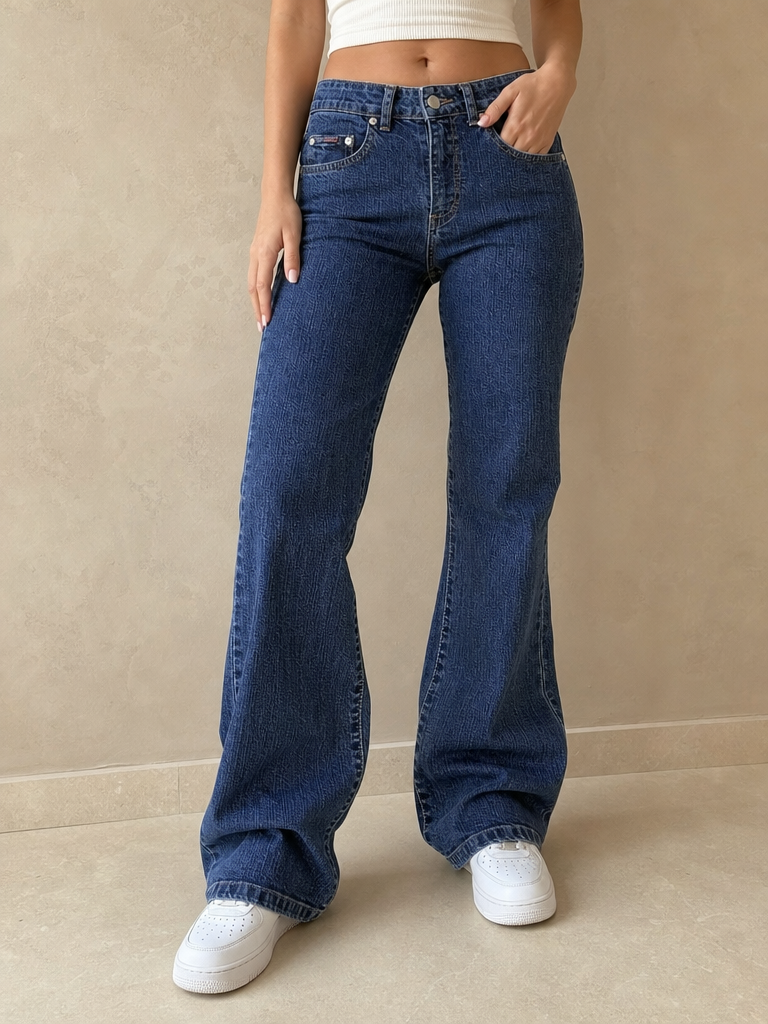 Jeans flare vita bassa blu scuro svasati con cartellino Bootcut Vintage Y2K Donna - indossata fronte