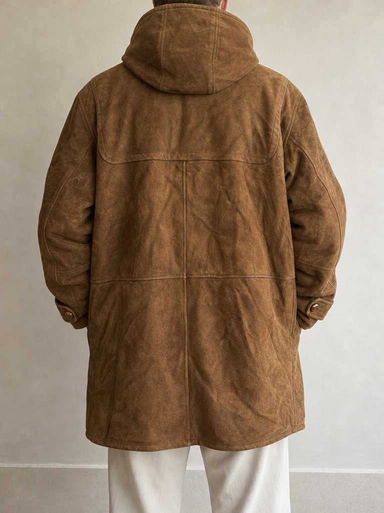 Giacca Montone in Vera Pelle di Renna Marrone Lungo Shearling Originale Spagnolo Vintage Y2K (XL) - indossata retro