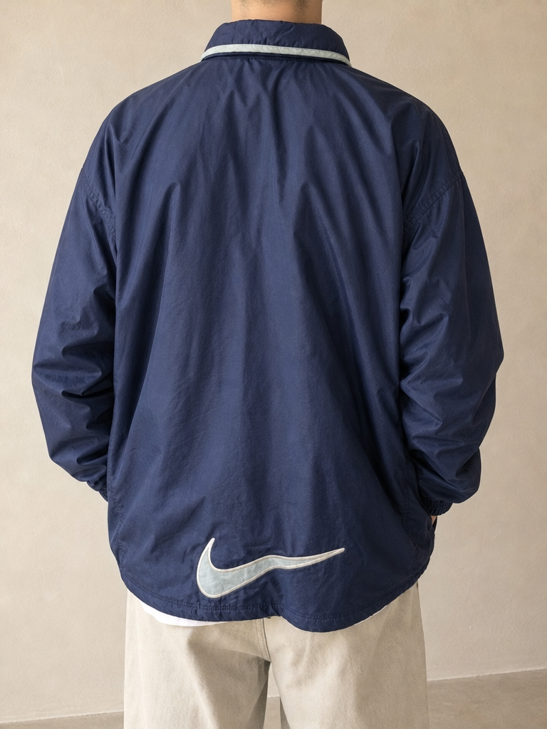Giacca a vento Nike Zip intera Collo alto Blu navy Vintage Y2K (XXL) - indossata retro