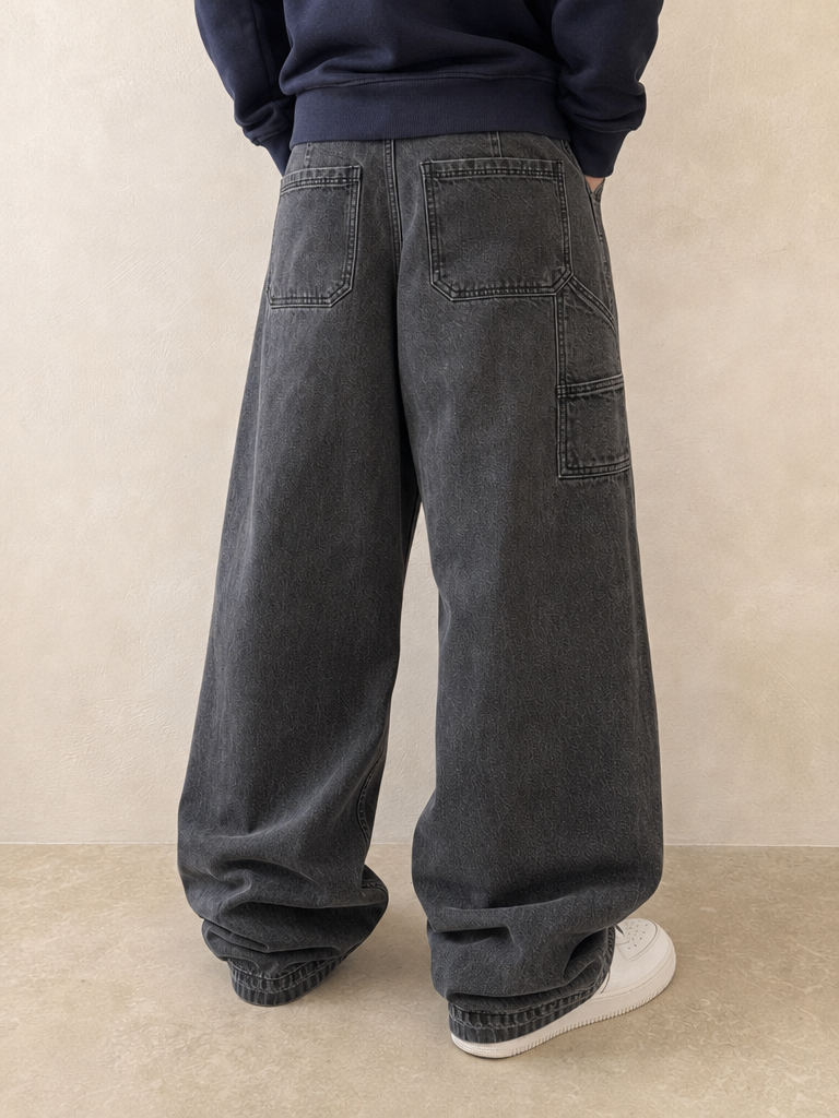 Denim Jeans Super Baggy Fit Black / Grey Vintage Y2K Uomo (XS) - indossata retro