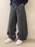 Denim Jeans Super Baggy Fit Black / Grey Vintage Y2K Uomo (XS) - indossata fronte
