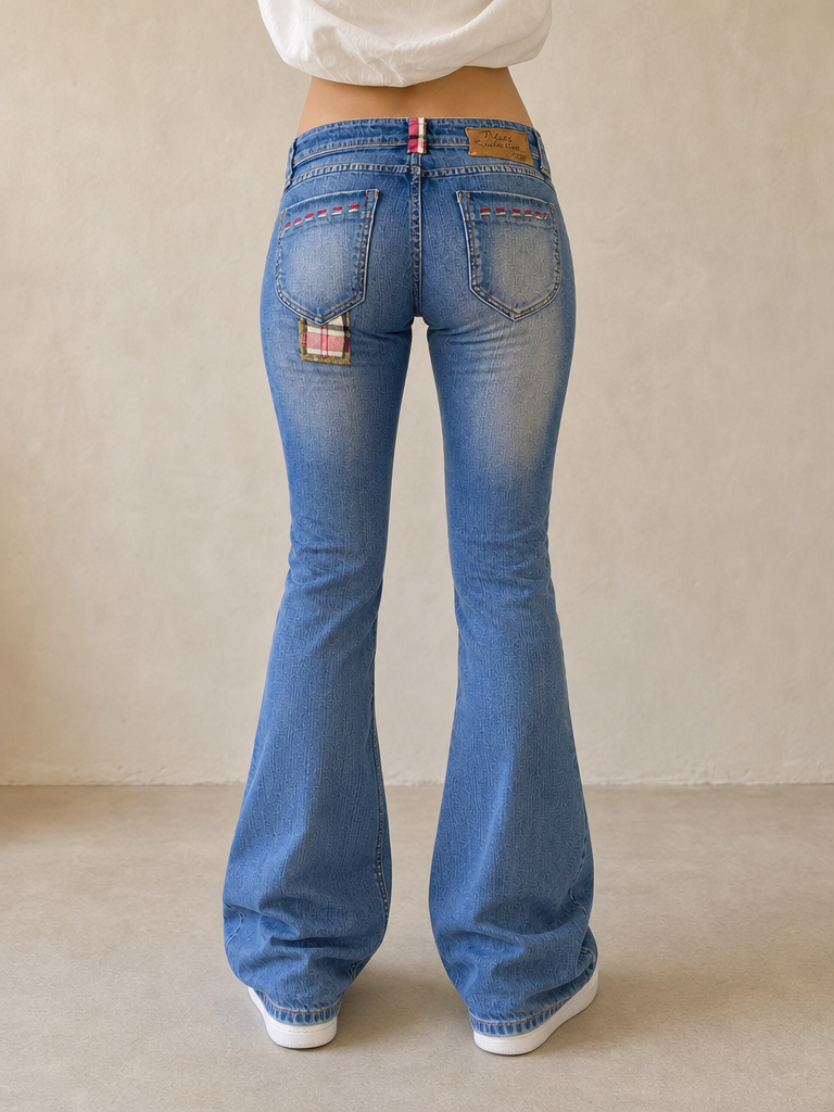 Blue Collection Denim Jeans Particular anni 2000 Low Waist Bootcut FLare Vintage Y2K Donna (XS) — vista posteriore indossata