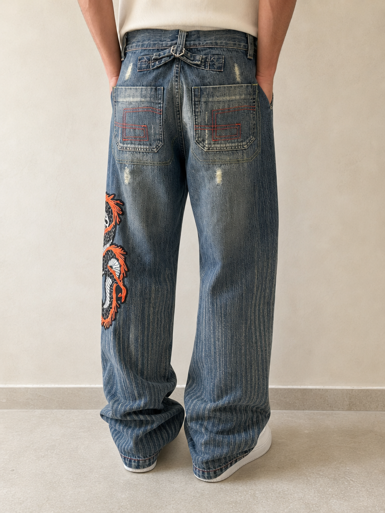 Denim Jeans Embroidered Dragon Baggy Fit Vintage Y2K Uomo (XS) - indossata retro