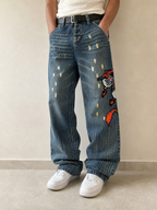 Denim Jeans Embroidered Dragon Baggy Fit Vintage Y2K Uomo (XS) - indossata fronte
