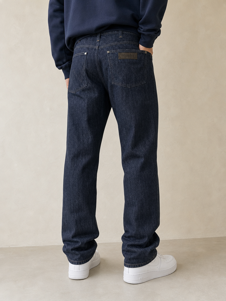 Jeans Denim Raw Denim Wrangler Straight Fit NEW Vintage Y2K Uomo (S) - indossata retro