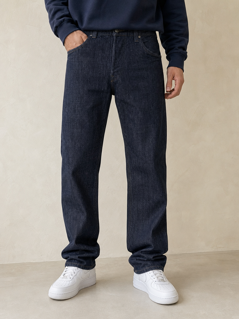 Jeans Denim Raw Denim Wrangler Straight Fit NEW Vintage Y2K Uomo (S) - indossata fronte
