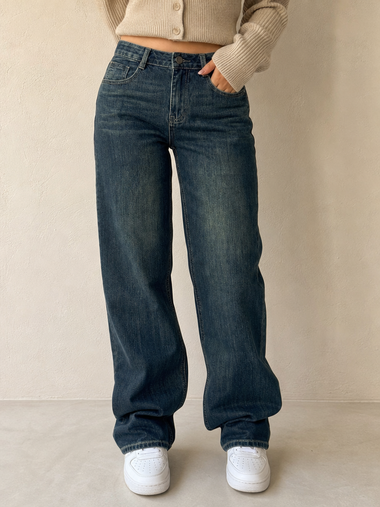 Jeans Denim Denim Stone Wash Straight Fit Vintage Y2K Donna (S) - indossata fronte