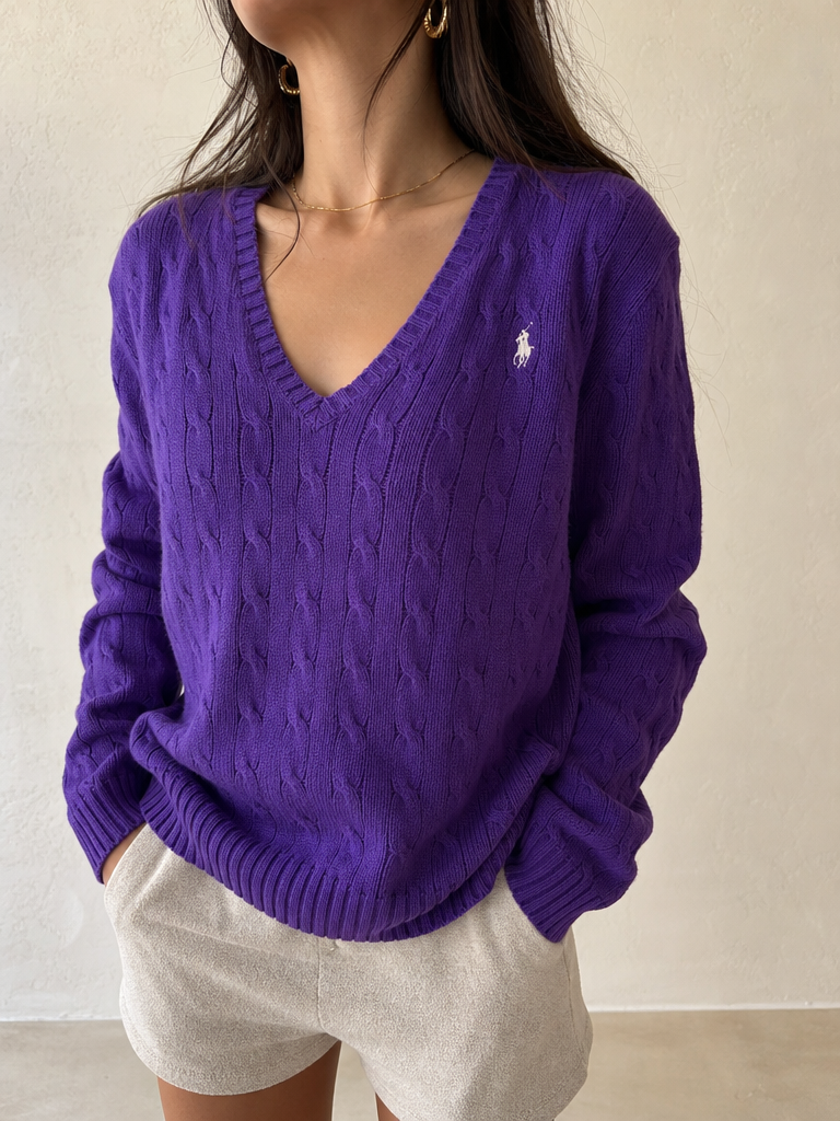 Maglione a Treccia Ralph Lauren con Scollo a V Vintage Y2K Donna (L) - indossata fronte