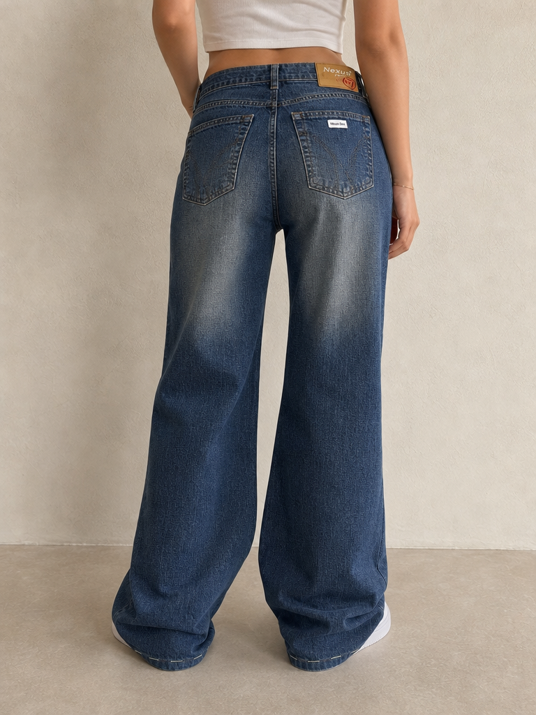 Nexus Denim Jeans Washed Embroidered Baggy Fit Vintage Y2K Donna (XXS) - indossata retro