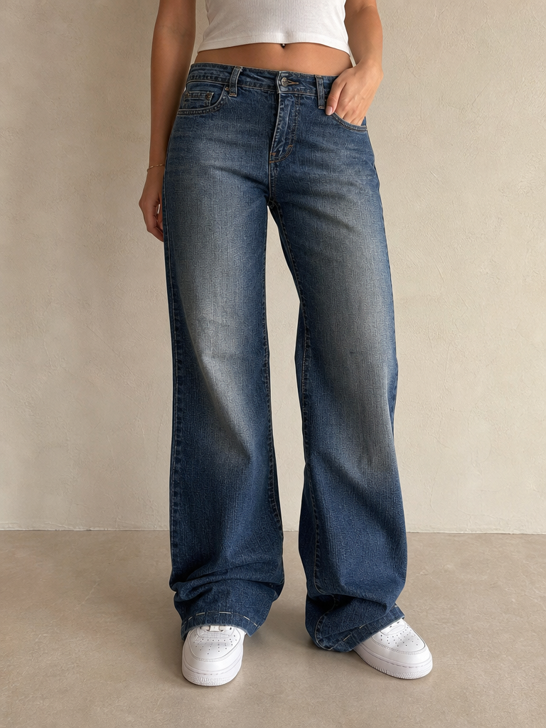 Nexus Denim Jeans Washed Embroidered Baggy Fit Vintage Y2K Donna (XXS) - indossata fronte