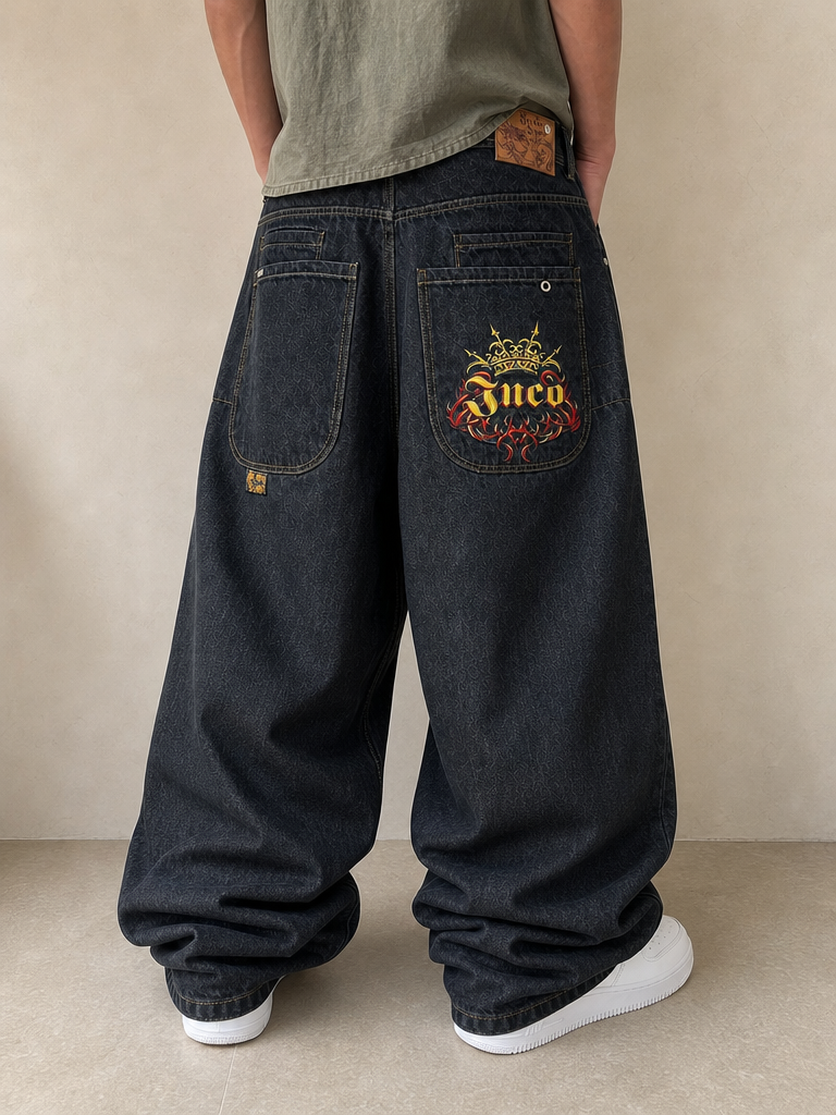 Denim JNCO Jeans Original Super Baggy Fit Embroidered American Hip-Hop Vintage Y2K Uomo (L) - indossata retro