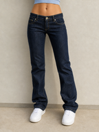 Pinko Denim Jeans Raw Blu Low Waist Straight Fit Embroidered Vintage Y2K Donna (M) - indossata fronte