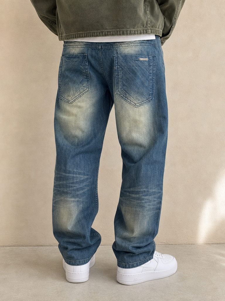 Denim Jeans Stone Wash Straight Fit Vintage Y2K Uomo (L) - indossata retro