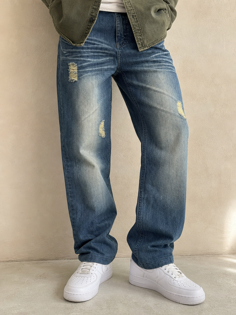 Denim Jeans Stone Wash Straight Fit Vintage Y2K Uomo (L) - indossata fronte
