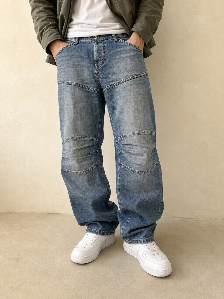 Denim Jeans Baggy Fit Particular Embroidered Vintage Y2K Uomo (M) - indossata fronte
