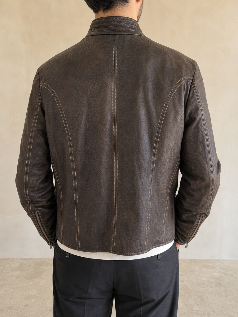 Giacca in similpelle The Sign of Quality marrone scuro, zip e collo alto Vintage Y2K (58) - indossata retro