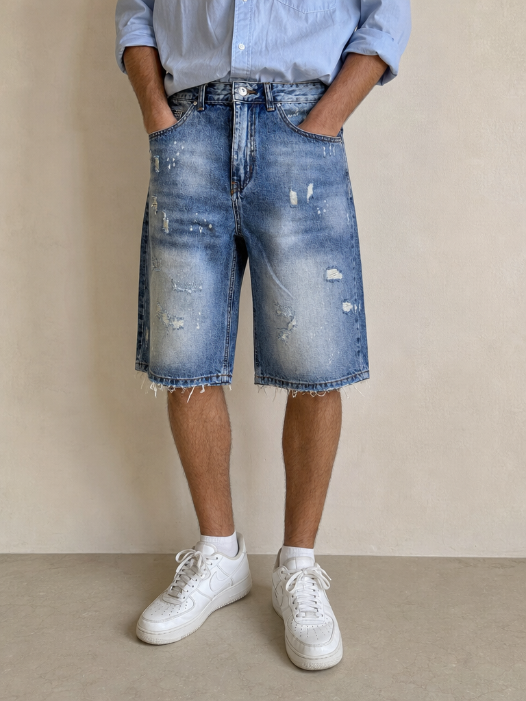 L-BOX Jeans Denim Jorts Leox Denim Blu con Rotture Baggy Embroidered Particular Vintage Y2K Uomo - indossata fronte