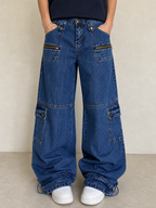 Denim Jeans Blu Striped Low Waist Cargo Particular Baggy Flare Model NEW Vintage Y2K Uomo - indossata fronte