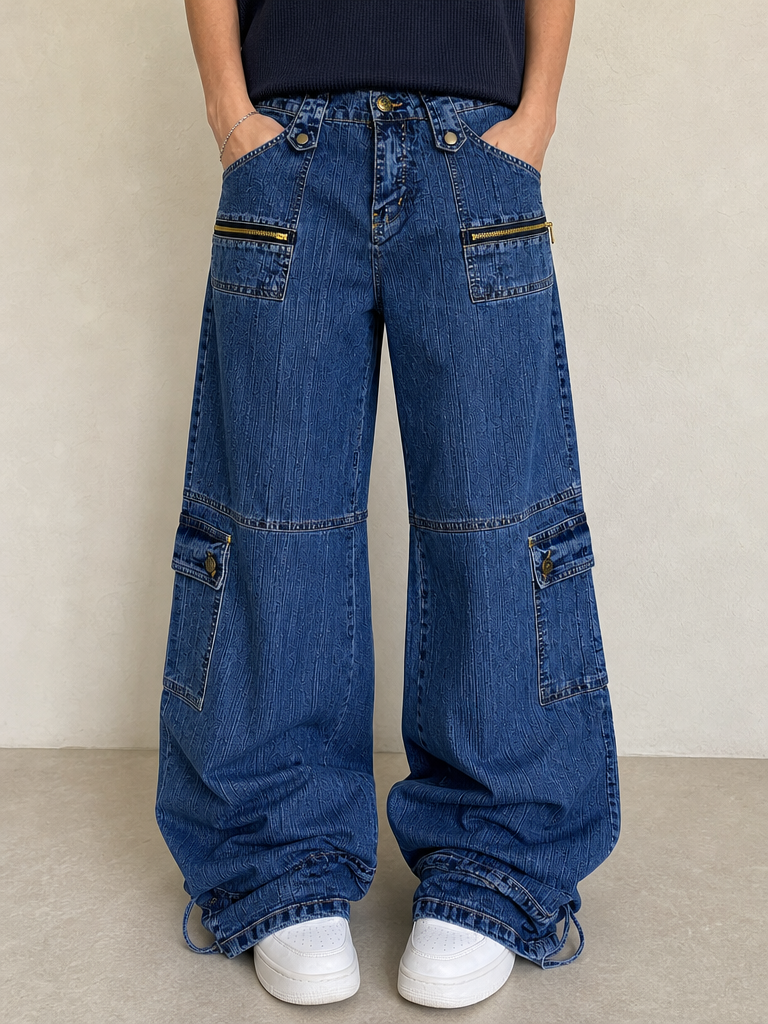 Denim Jeans Blu Striped Low Waist Cargo Particular Baggy Flare Model NEW Vintage Y2K Uomo - indossata fronte