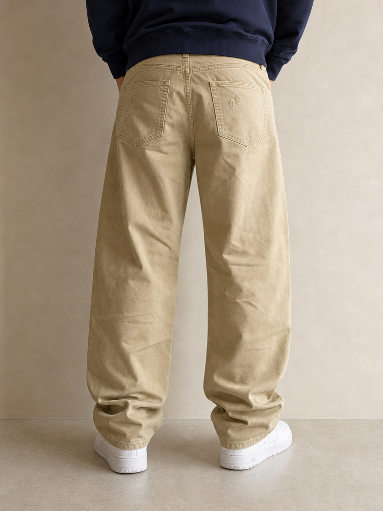 Denim Jeans Beige Baggy Fit Jeans Vintage Y2K Uomo (L) - indossata retro