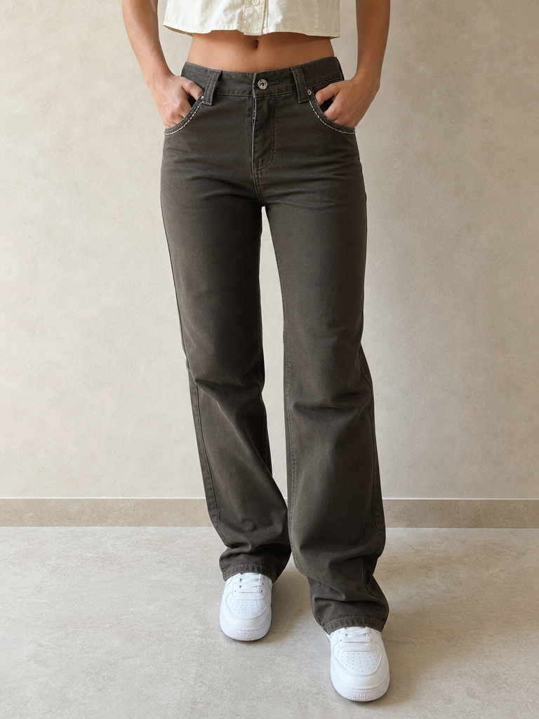 Pantaloni Cotton Pants Embroidered Straight Fit Vintage Y2K Donna (XS) - indossata fronte