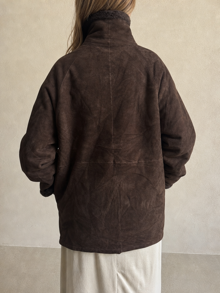 Giacca Montone in Vera Pelle di Renna Marrone a Collo Alto Vintage Y2K Donna (XL) - indossata retro