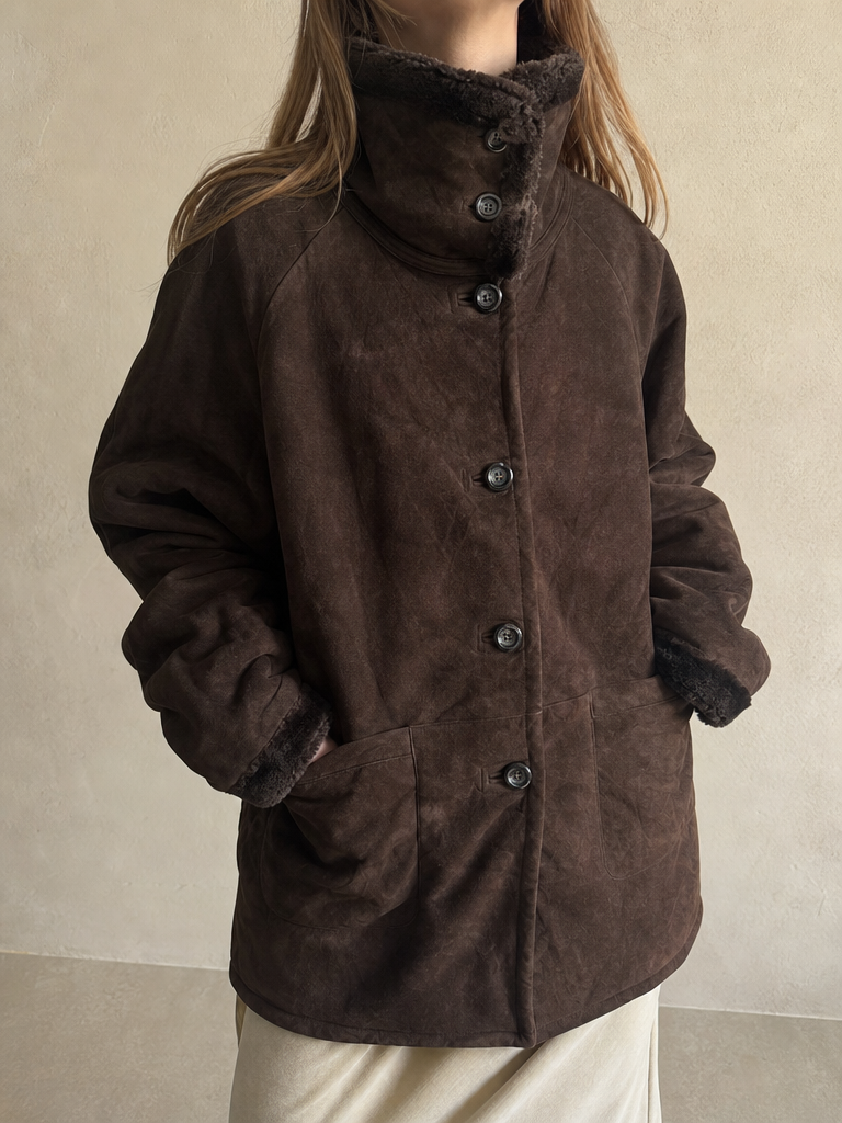 Giacca Montone in Vera Pelle di Renna Marrone a Collo Alto Vintage Y2K Donna (XL) - indossata fronte