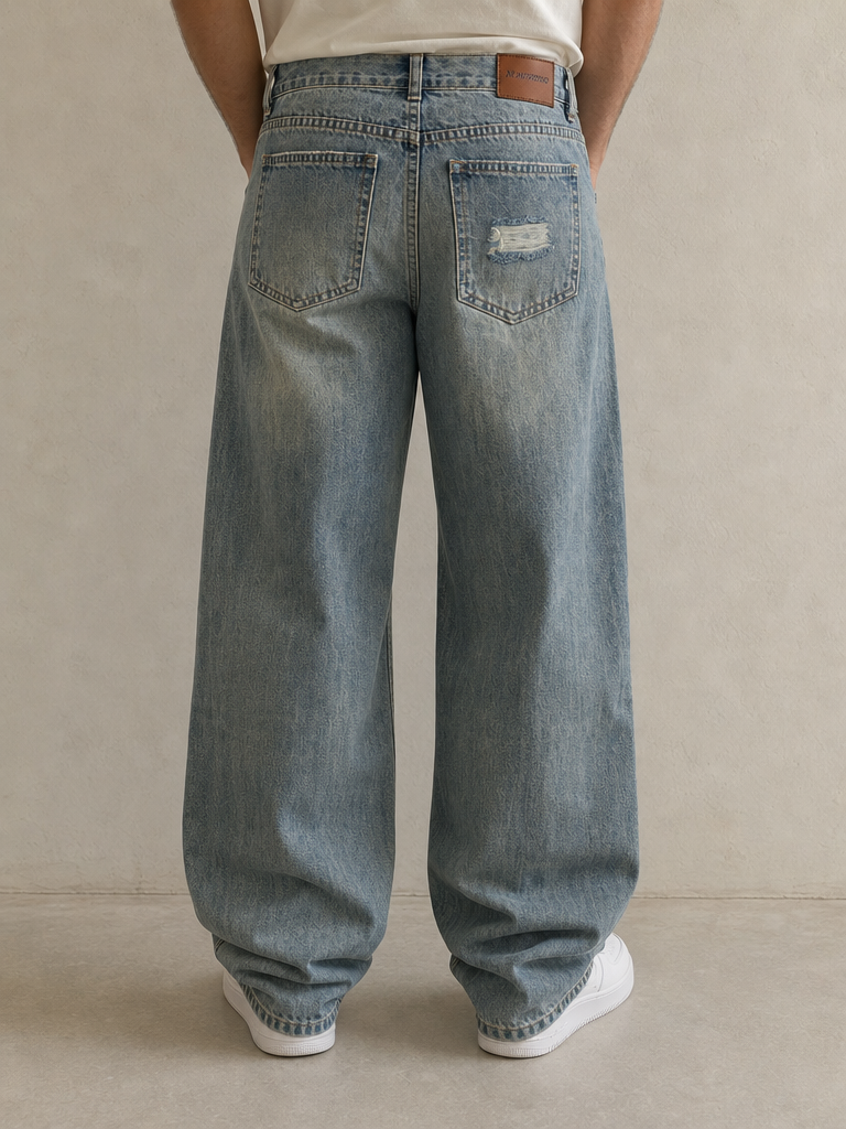 Denim Jeans Stone Wash Baggy Fit Vintage Y2K Uomo (S) - indossata retro