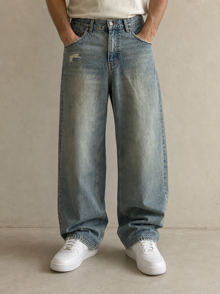 Denim Jeans Stone Wash Baggy Fit Vintage Y2K Uomo (S) - indossata fronte