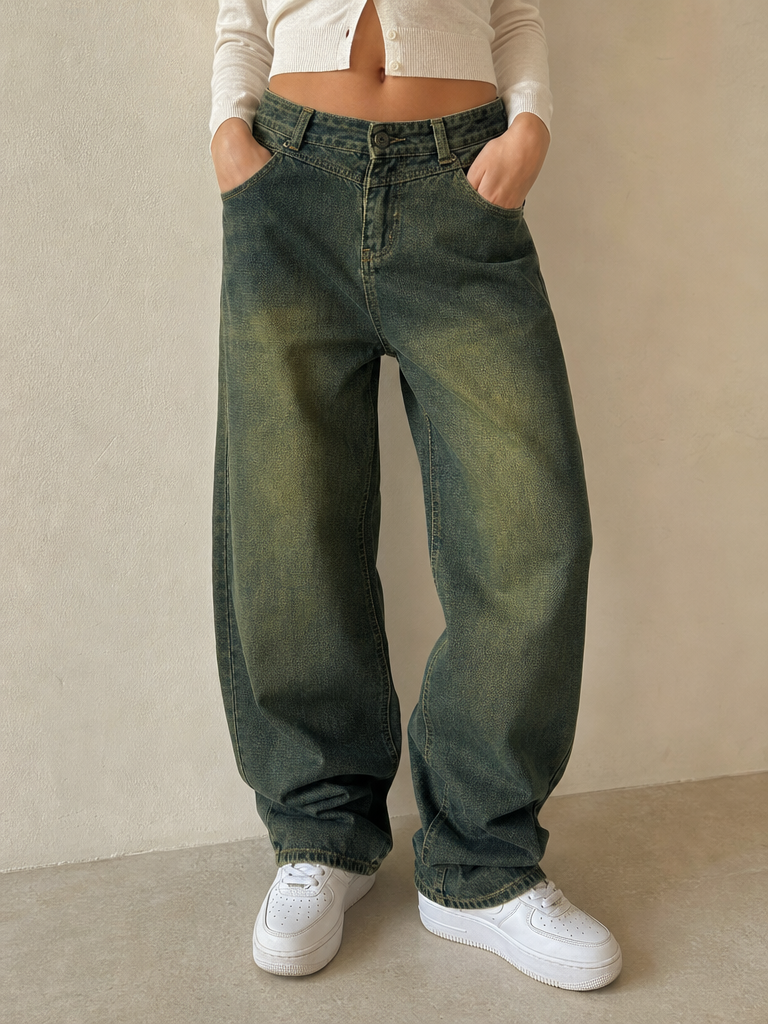 Jeans Denim Denim Stone Wash Particular Pattern Baggy Fit Vintage Y2K Donna (S) - indossata fronte