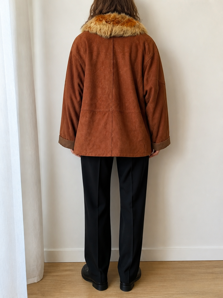 Giacca Pelle Marrone Collo Pelliccia Vintage Y2K Donna (M) — foto 2