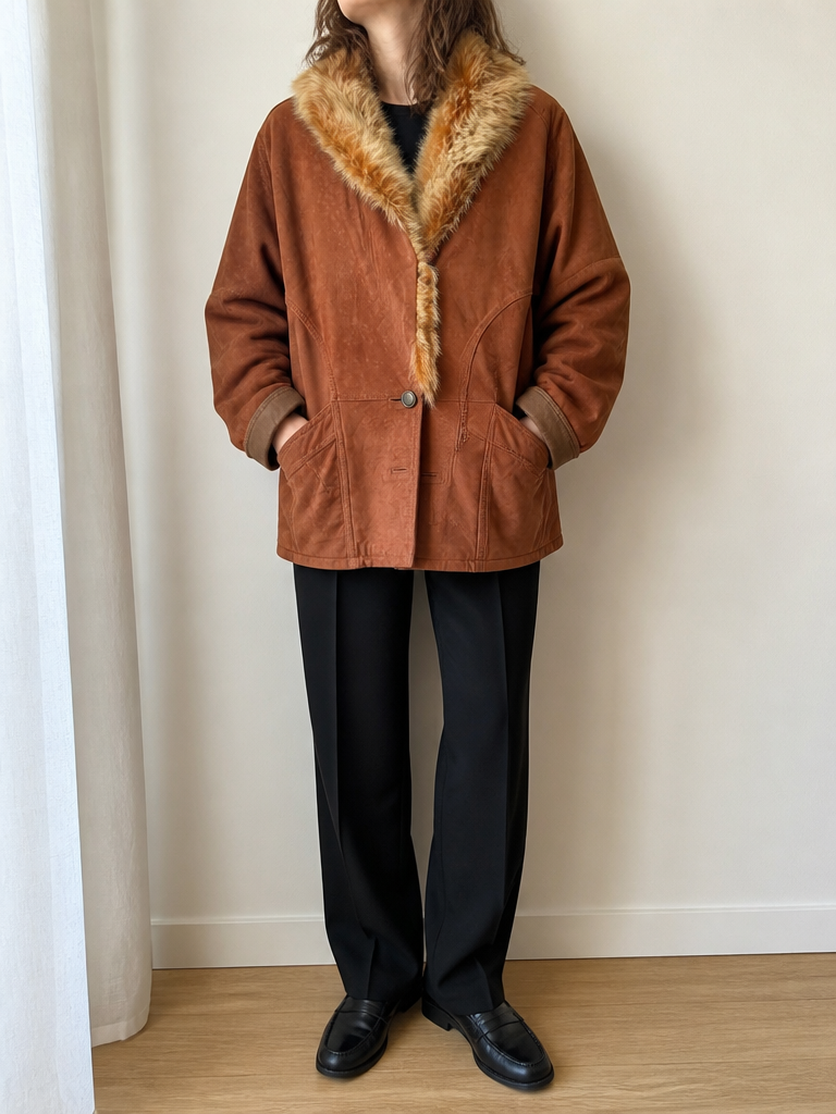 Giacca Pelle Marrone Collo Pelliccia Vintage Y2K Donna (M) — foto 1
