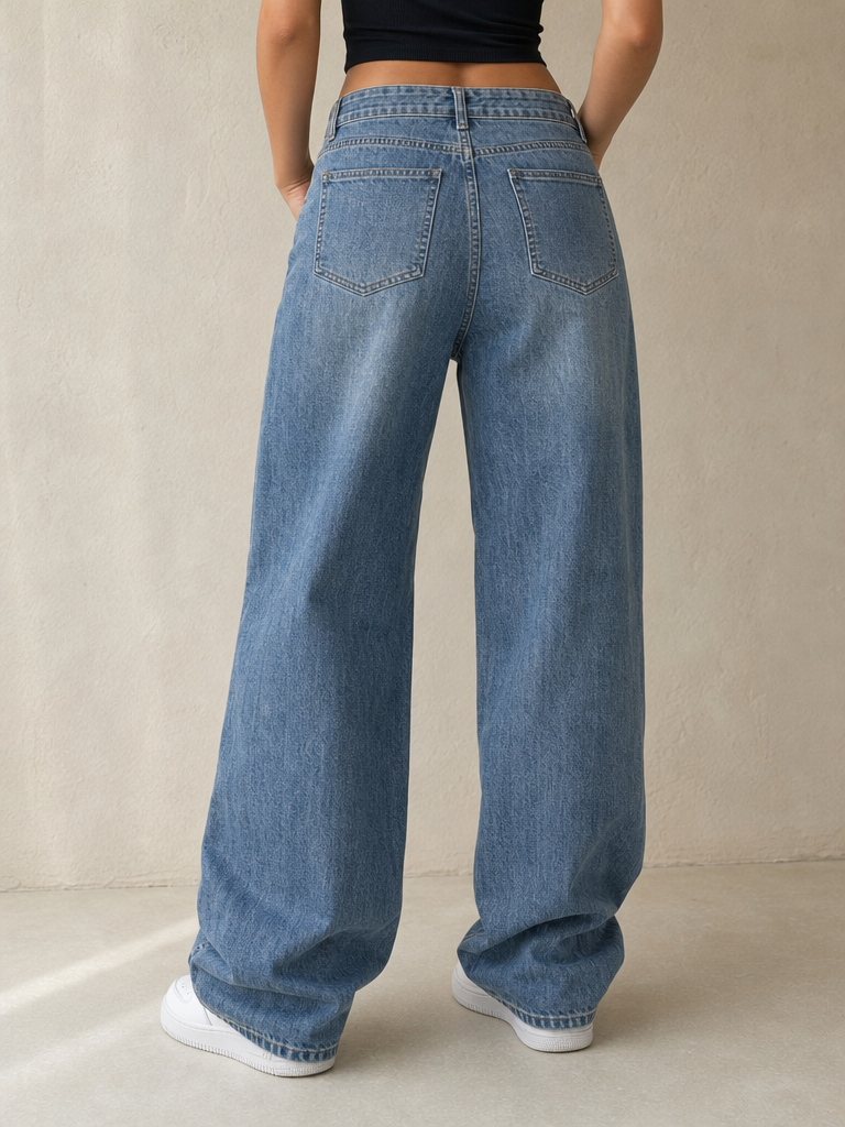Denim Jeans Washed Blue Baggy Fit Vintage Y2K Donna - indossata retro